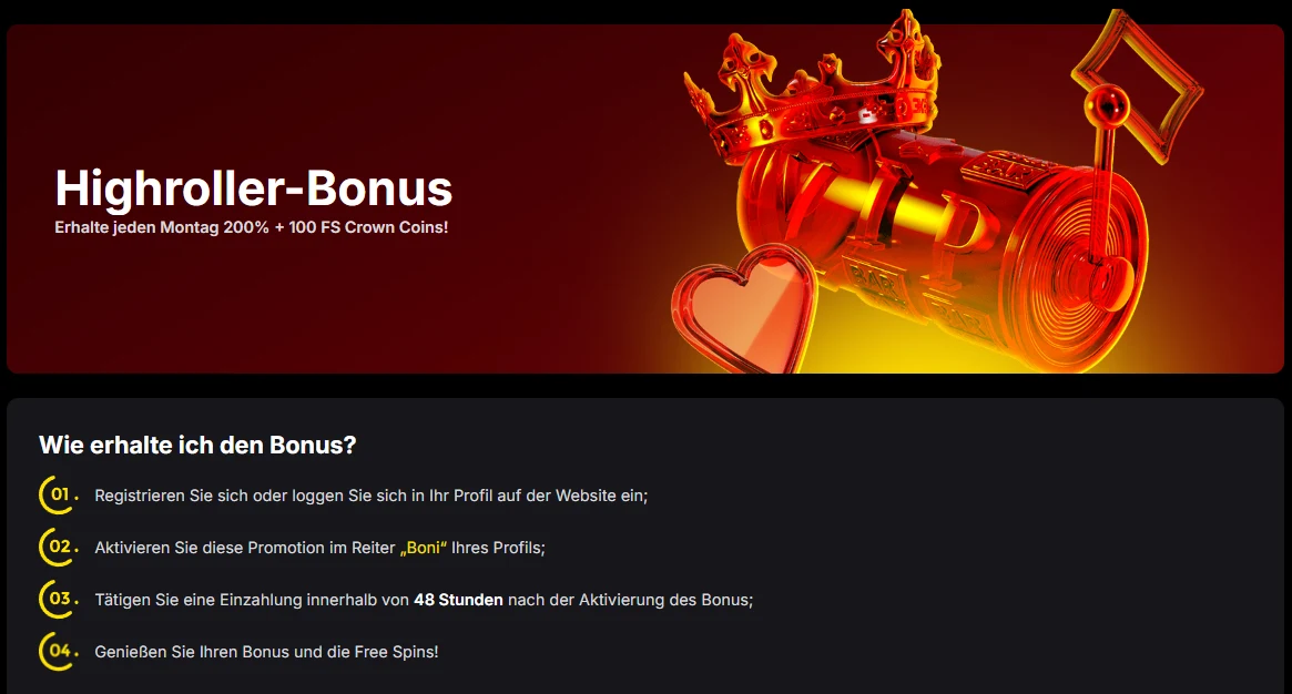 Highroller-Bonus im Vulkan Spiele Casino mit 200 % Bonus und 100 Freispiele