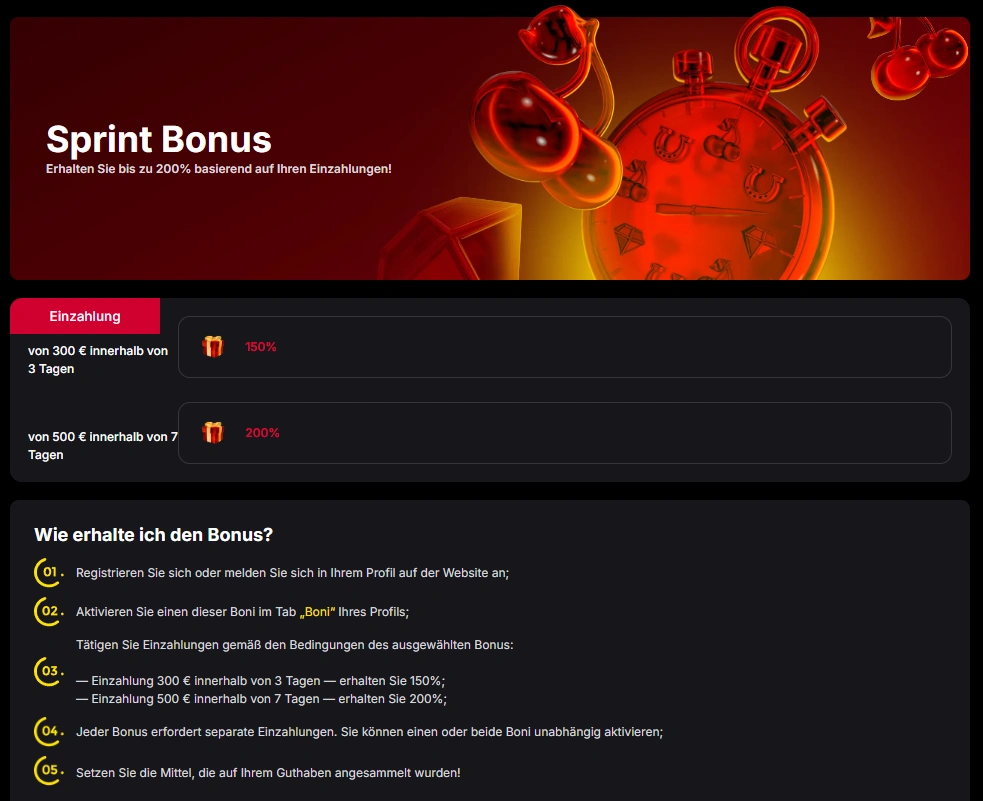 Sprint Bonus im Vulkan Spiele Casino mit bis zu 200 % Einzahlungsbonus