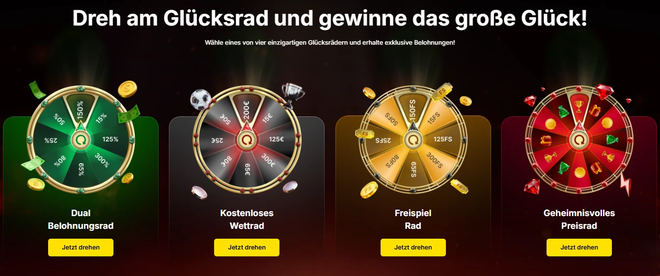 Vier Glücksräder im Vulkan Spiele Casino mit Bonus-, Freispiele- und Preisrad
