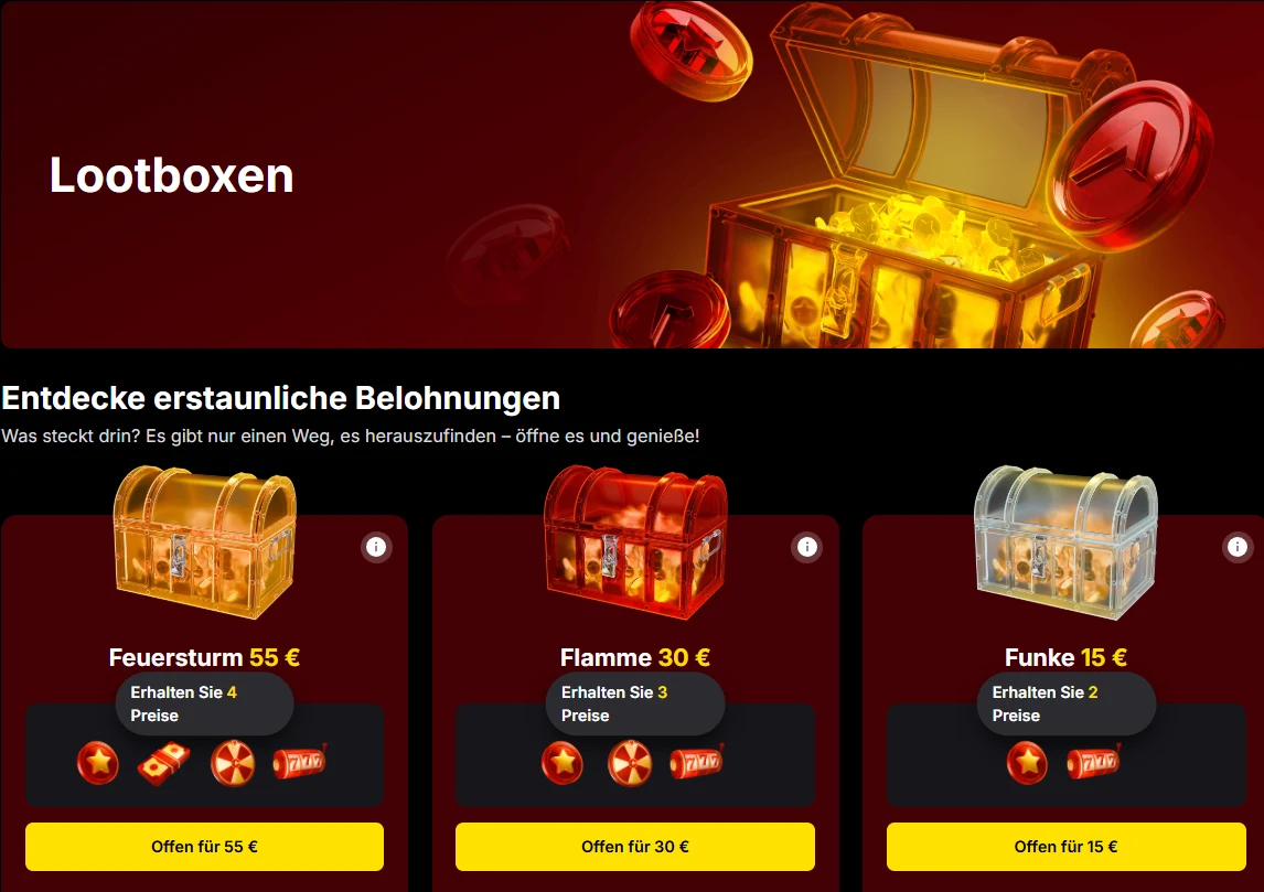 Lootboxen im Vulkan Spiele Casino mit Funke, Flamme und Feuersturm