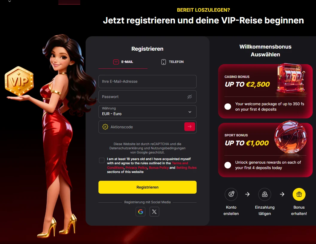 Registrierung im Vulkan Spiele Casino mit Auswahl des Casino- oder Sportbonus
